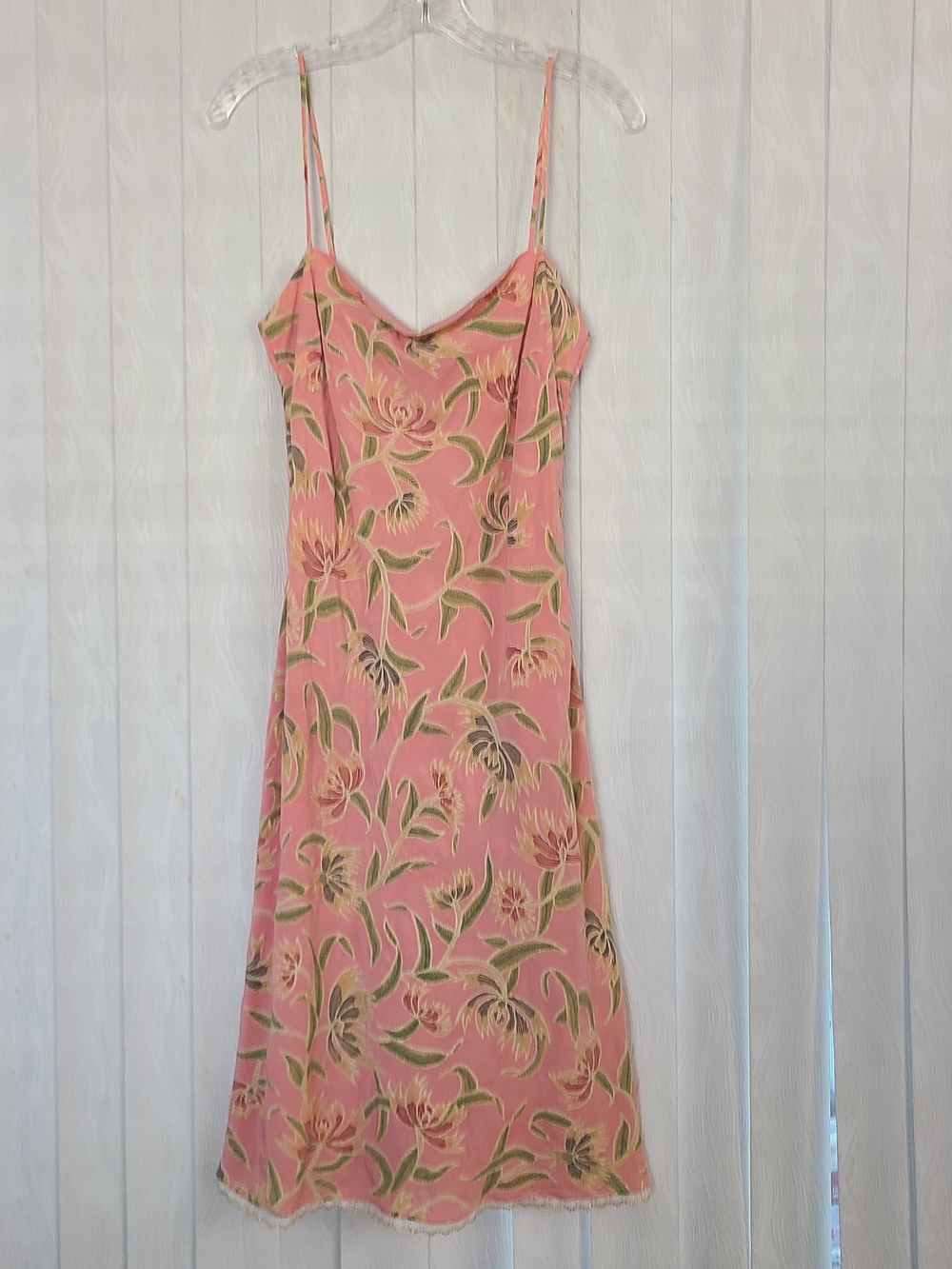 Hype Sz L Soft Pink Green Floral Silk Spaghetti Strap Lace Trim Slip Midi Dress